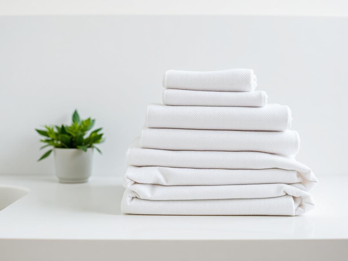 Neatly folded clean white towels on a bright counter beside a small green plant