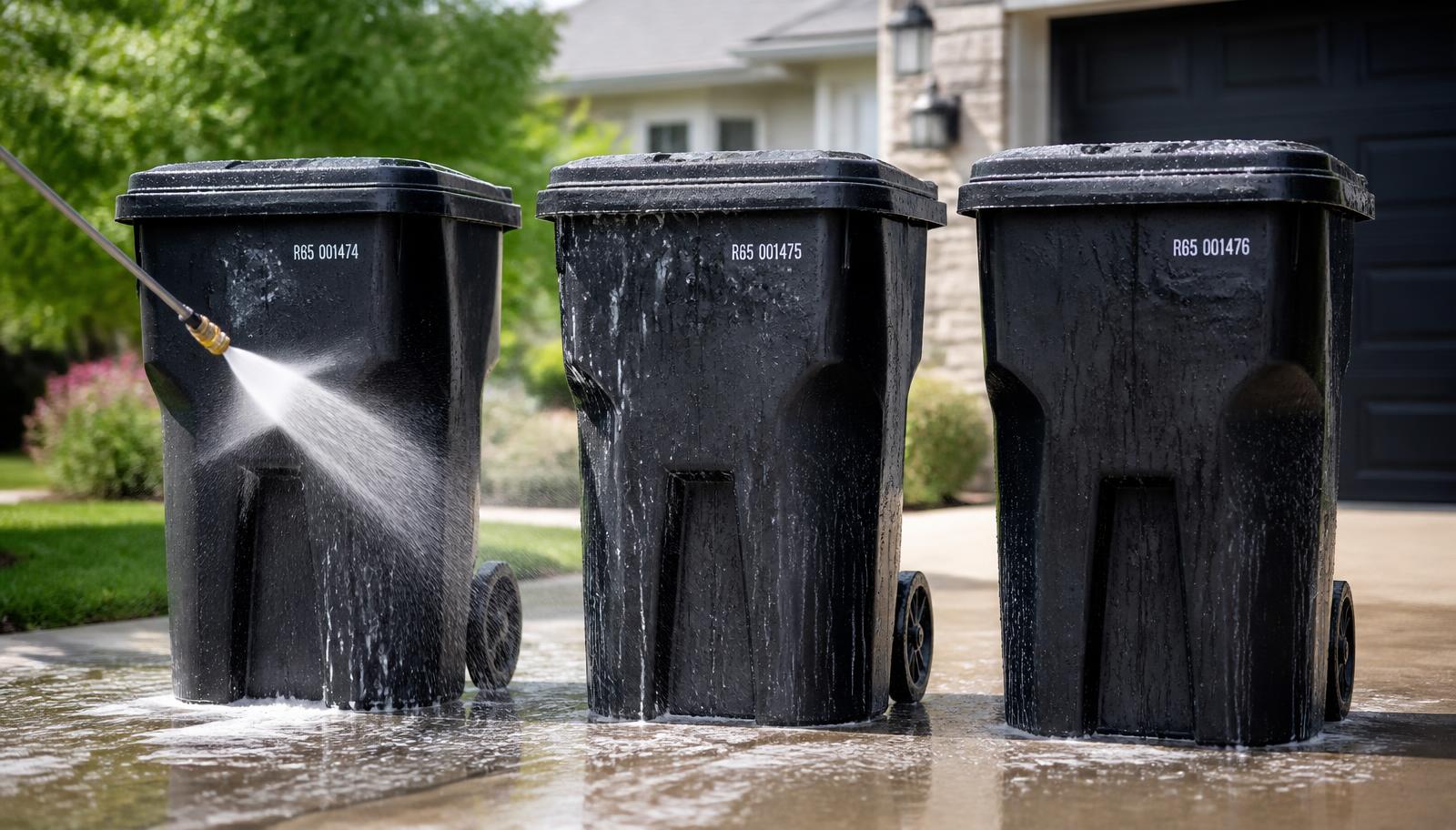Three black residential trash bins being washed and rinsed on a clean driveway