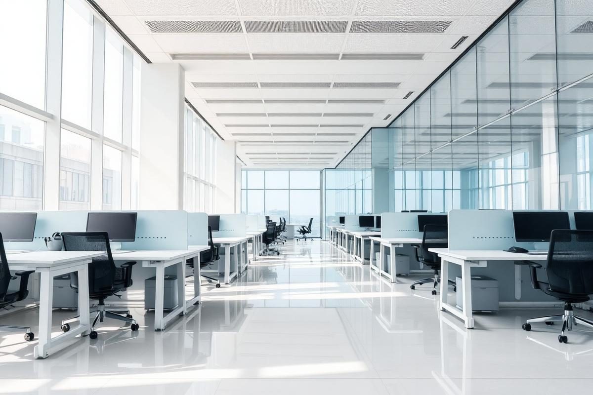 Clean, bright open-plan office with polished floors