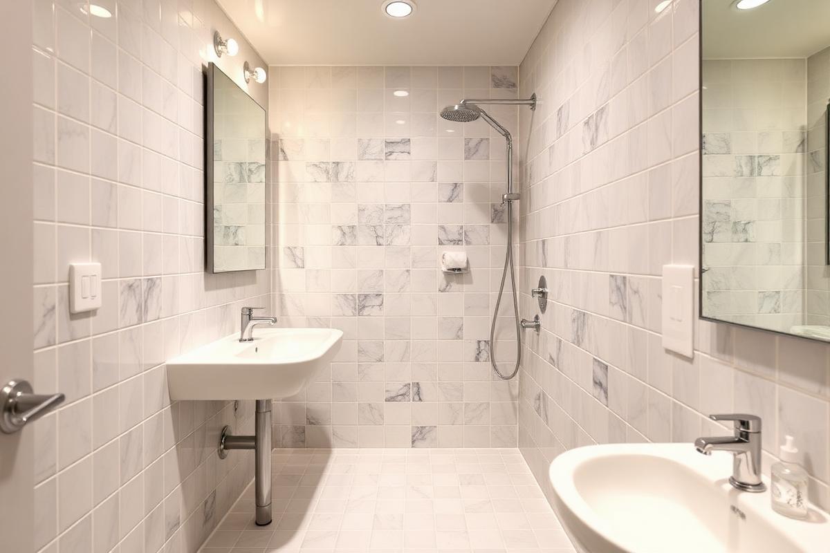 Freshly deep-cleaned tiled bathroom with shining fixtures