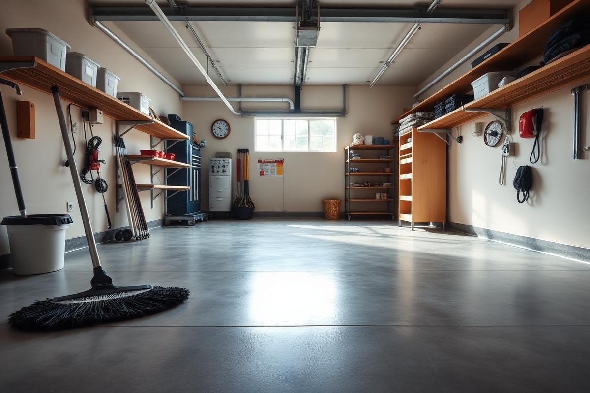 Clean, organized residential garage with a swept concrete floor