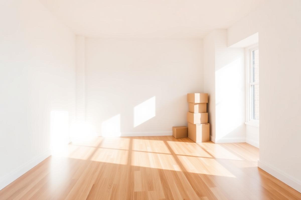 Empty apartment room with clean floors and moving boxes