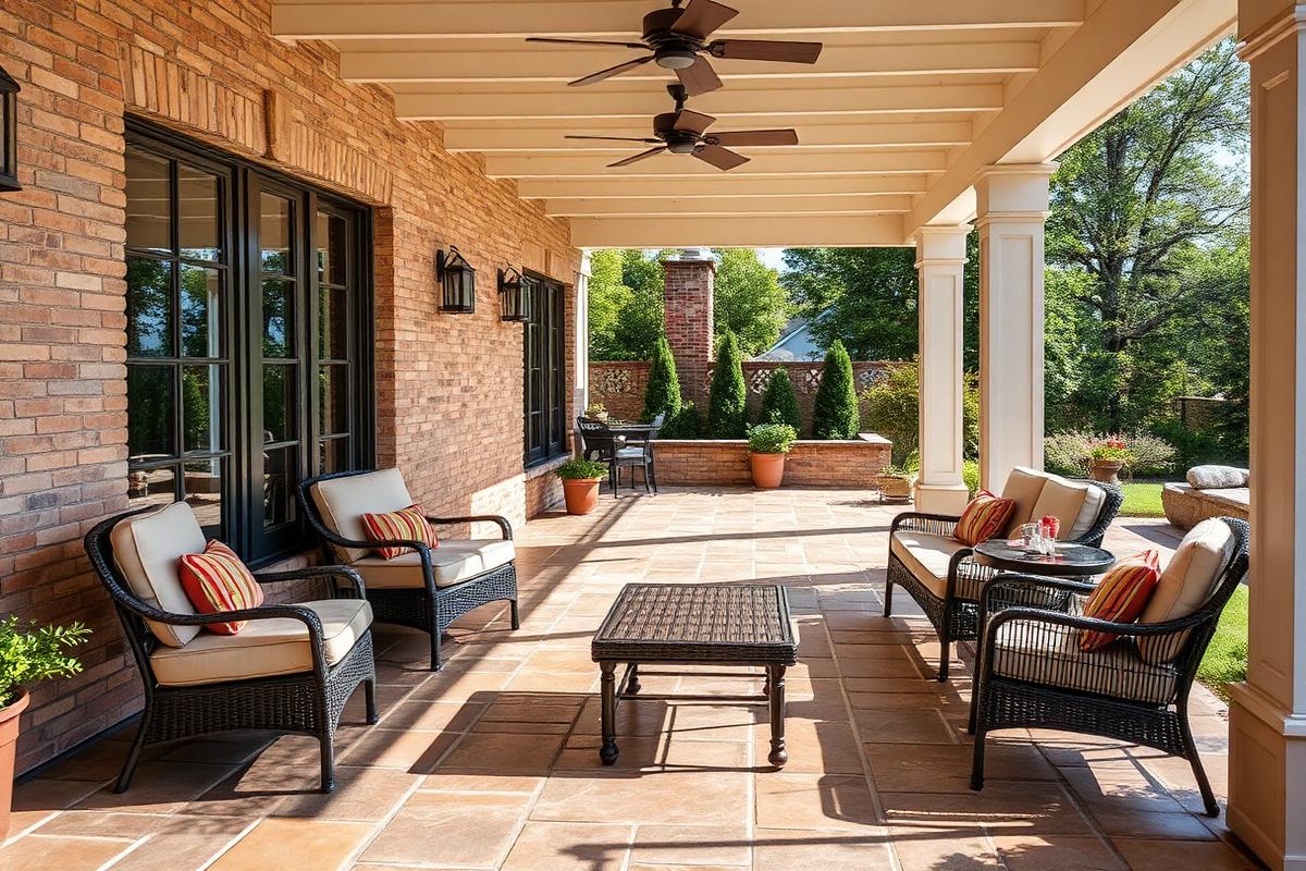 Freshly cleaned covered patio with tidy outdoor furniture