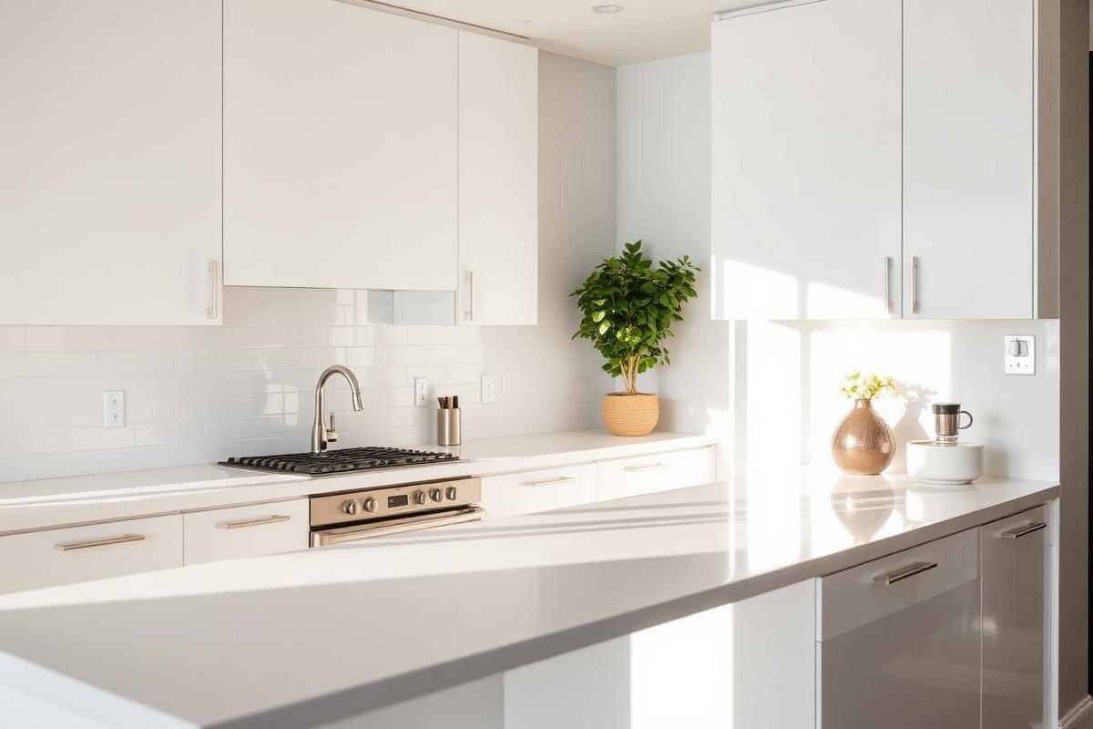 Spotless modern home kitchen with clean white countertops