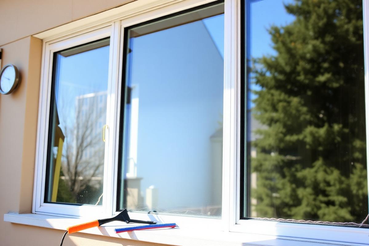 Freshly cleaned residential windows with a squeegee on the sill